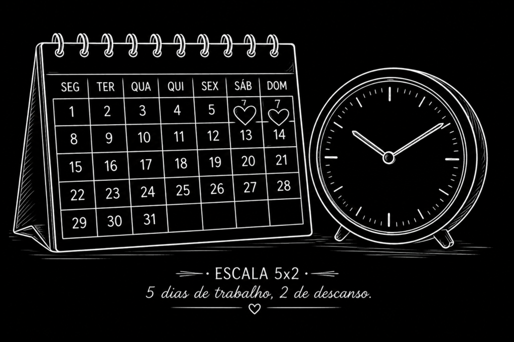 Desenho em linhas brancas de um calendário com dois dias marcados com um coração ao lado de um relógio, representando o descanso da escala 5x2.