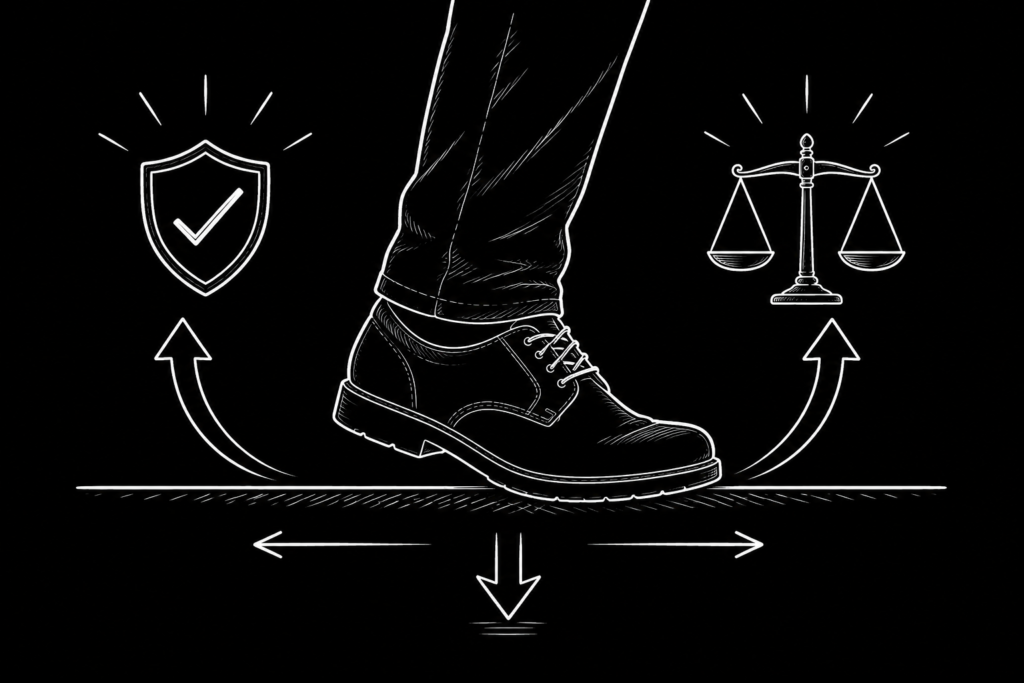 Desenho em linhas brancas de um pé dando um passo firme sobre uma superfície reta, com setas indicando equilíbrio e segurança.