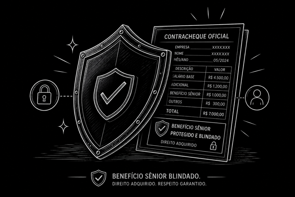 Ilustração em linhas brancas de um escudo protetor cobrindo um contracheque oficial, representando a blindagem do benefício sênior.