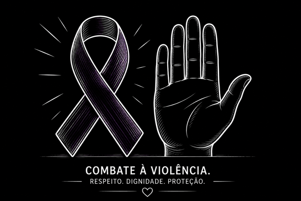 Desenho em linhas brancas de uma fita em formato de laço na cor violeta posicionada ao lado de uma mão espalmada, simbolizando o combate à violência.