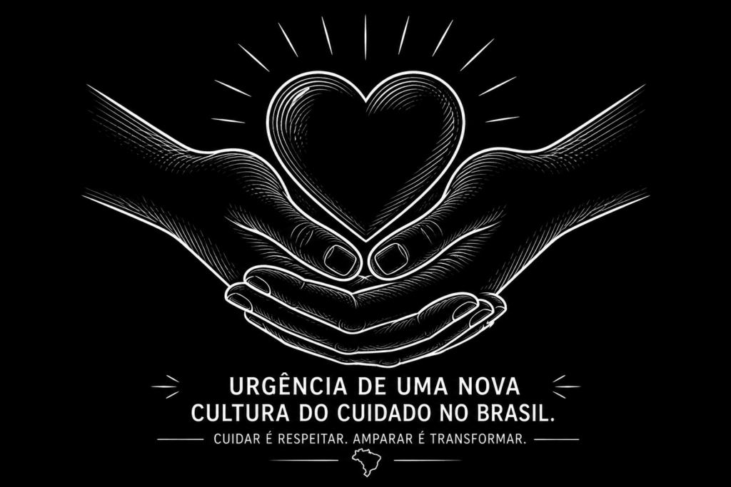 Desenho em linhas brancas de duas mãos entrelaçadas amparando um coração, representando a urgência de uma nova cultura do cuidado no Brasil.