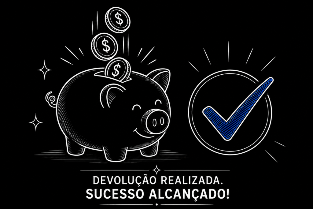 Desenho em linhas brancas de um cofrinho em formato de porquinho com moedas caindo dentro e um sinal de visto azul ao lado, representando o sucesso da devolução financeira.
